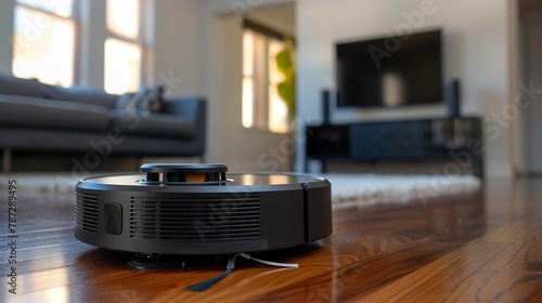 nextgeneration wireless vacuum robot with adaptive sensors, avoiding obstacles in a cluttered room photo