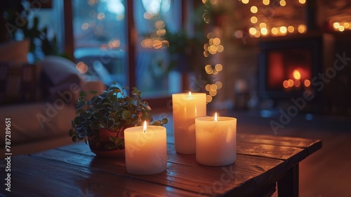 Craft a visual narrative of an illuminated room with candles flickering softly photo