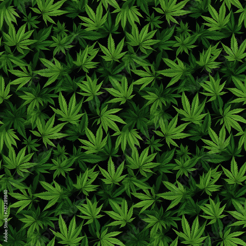 Floral seamless pattern with cannabis green leaves on black background.