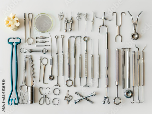 Collezione di vari strumenti dentali in acciaio inossidabile disposti in modo professionale su una superficie bianca photo