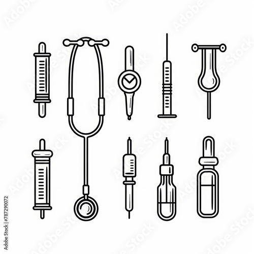 oggetti medici in stile piatto su sfondo bianco, Set di icone di strumenti medici