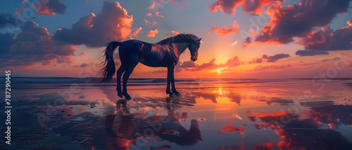 Striking image of a horse's silhouette against a fiery sunset, reflecting serenity and the wild spirit of the animal