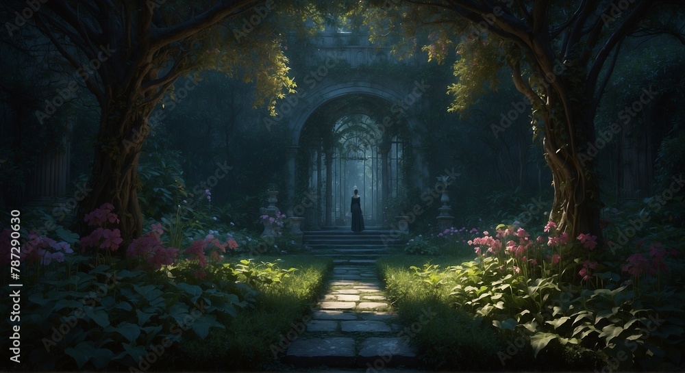 In a mysterious chiaroscuro digital garden, shadows dance with light to create an eerie yet captivating atmospher