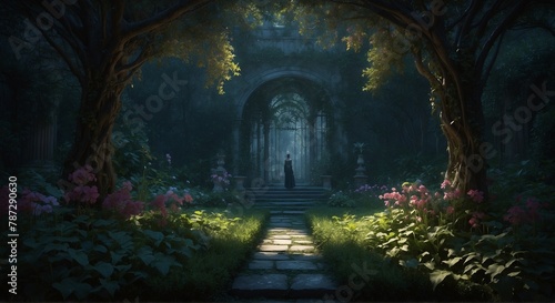 In a mysterious chiaroscuro digital garden  shadows dance with light to create an eerie yet captivating atmospher