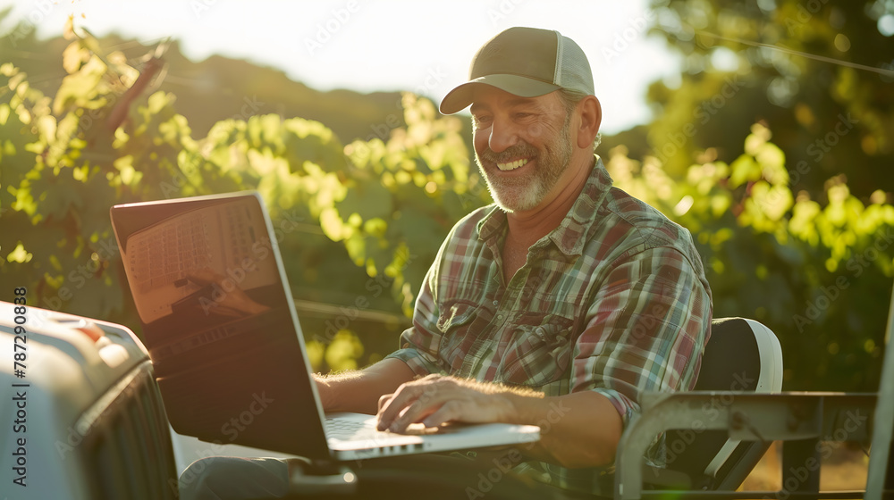 Portrait smiling vintner using laptop on truck in vineyard : Generative AI