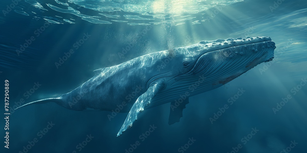 A spectacular underwater shot capturing the gentle giant of the sea, the blue whale, with sun rays piercing through the water A spectacular underwater shot capturing the gentle giant of the sea, the blue whale, with sun rays piercing through the water