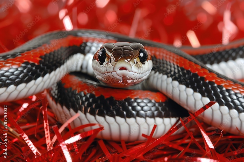 Fototapeta premium Snake a symbol of 2025 year in a shiny red festive background. New Year celebration