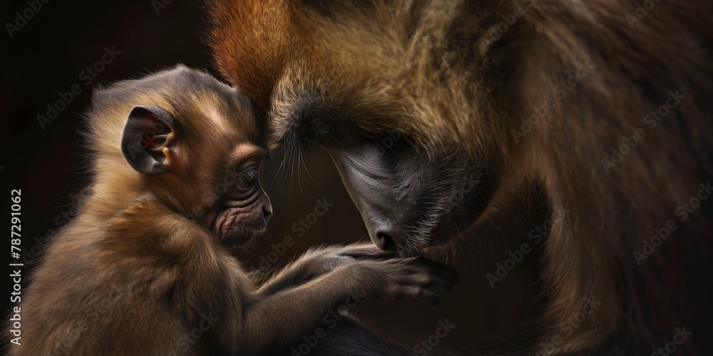 An intimate portrait of a mother baboon tenderly embracing her baby, expressing maternal love and protection