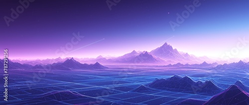 Dynamic Blue-Purple Glowing Line Landscape: Futuristic Waves and Peaks © Da