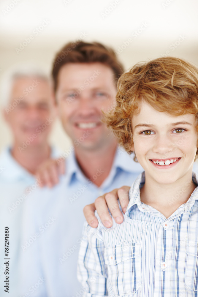 Row, child and father with grandfather portrait or hand for support, love and trust with generations. Happy family, men and boy kid with home for bonding, care and together with confidence and pride Row, child and father with grandfather portrait or hand for support, love and trust with generations. Happy family, men and boy kid with home for bonding, care and together with confidence and pride