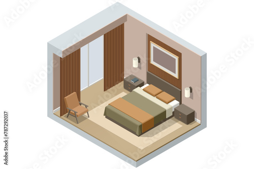 Isometric Modern Bedroom Suite in Hotel. Hotel Checking in and Having Rest in Their Rooms. Enjoy the Holiday and Vacation. Mobile Application, Hotel Booking Online on Website.