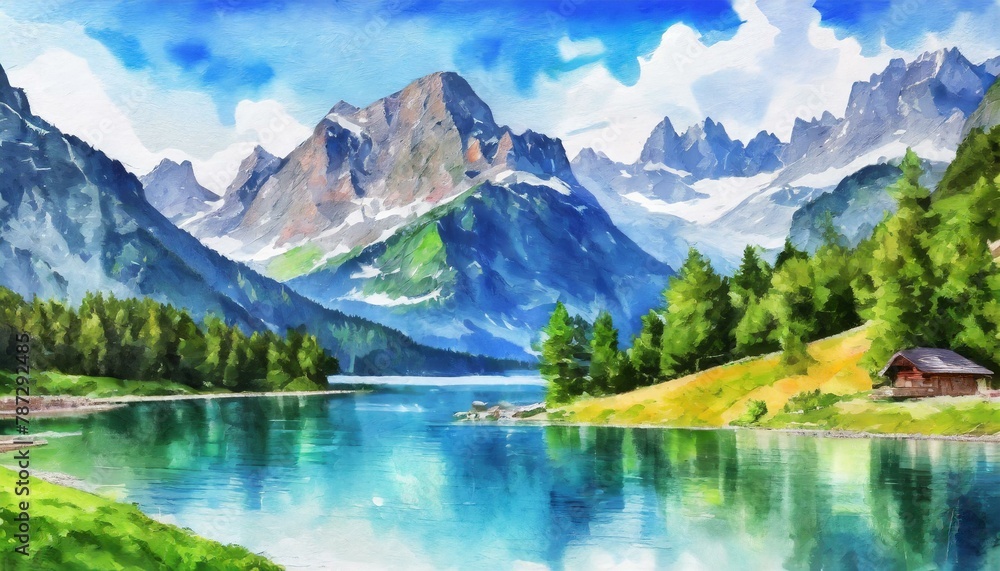 A watercolor masterpiece illustrates the Alps and a beautiful lake. 