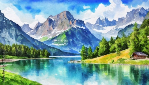 A watercolor masterpiece illustrates the Alps and a beautiful lake. 