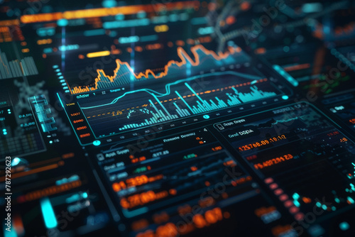 Digital display, options chart, stock market index chart glowing on a dark background.  © Aisyaqilumar