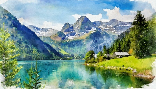 A watercolor masterpiece illustrates the Alps and a beautiful lake.  © Zaheer