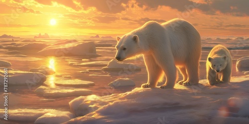 A mother polar bear and cub navigate melting ice during sunset, highlighting climate change impact on habitats © gunzexx