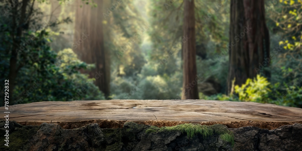 A wooden tabletop in the foreground with a lush, sunlit forest background inviting product display A wooden tabletop in the foreground with a lush, sunlit forest background inviting product display