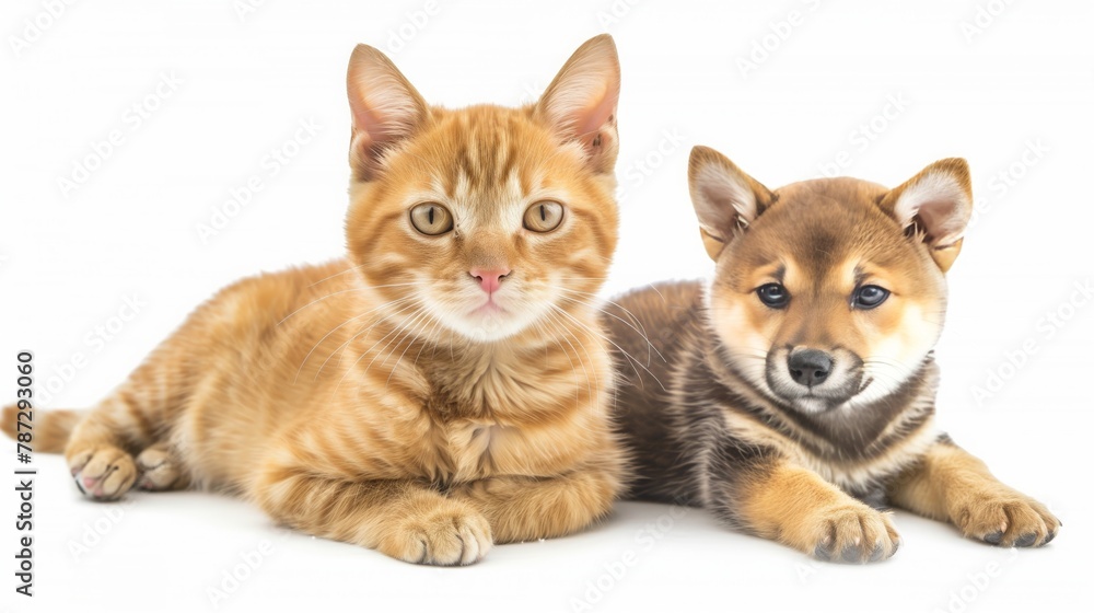 Adorable golden tabby cat and Shiba Inu puppy friends on white background. pet and family themes. Adorable golden tabby cat and Shiba Inu puppy friends on white background. pet and family themes.