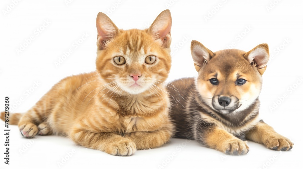 Adorable golden tabby cat and Shiba Inu puppy friends on white background. pet and family themes.