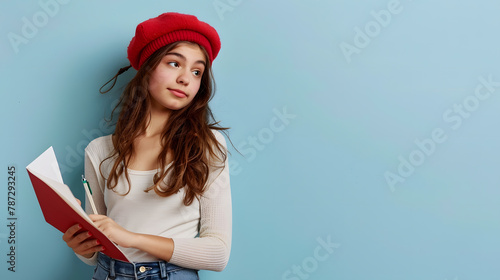 serious teen school girl in french beret making notes in planner notepad or notebook study Horizontal isolated poster of school girl student Banner header portrait of schoolgirl copy s : Generative AI photo