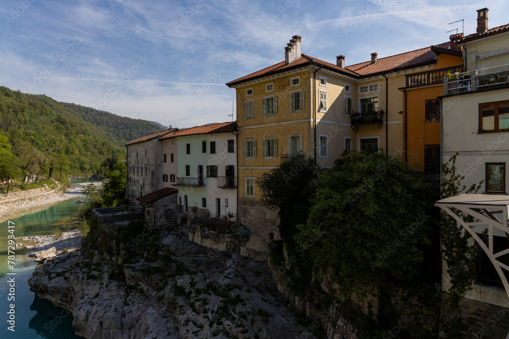 Kanal or Kanal ob Soč relaxing and small Slovenian village with a springboard to dive from the bridge. Small beach on the river with a view of the village from above. Slovenian landscapes. Nova Gorica