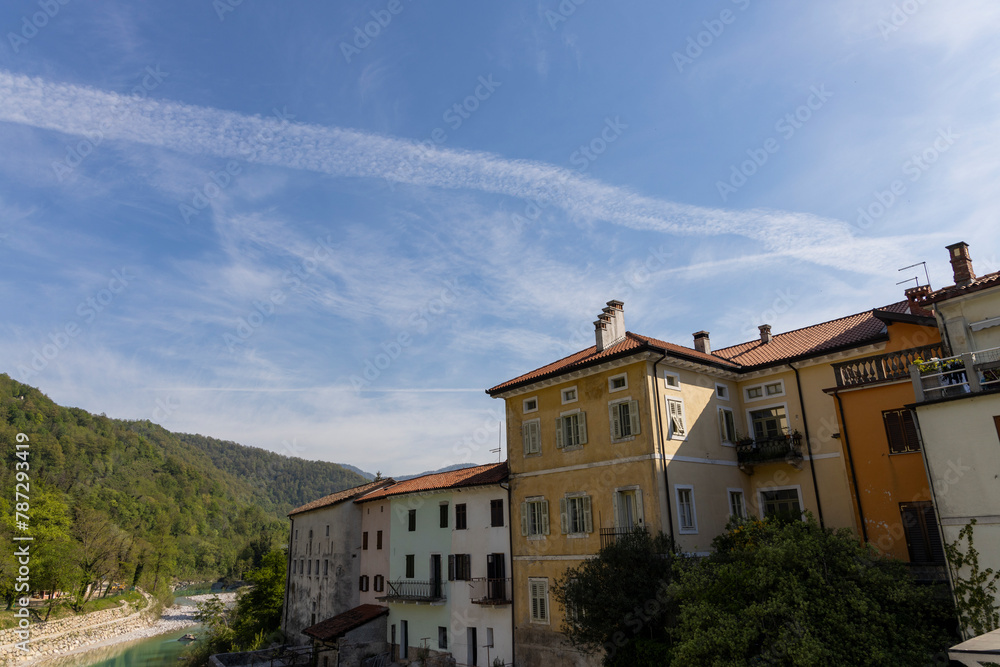 Kanal or Kanal ob Soč relaxing and small Slovenian village with a springboard to dive from the bridge. Small beach on the river with a view of the village from above. Slovenian landscapes. Nova Gorica