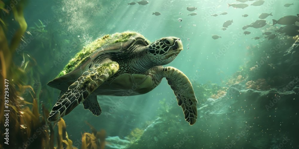 Fototapeta premium An enchanting depiction of a sea turtle gliding through ocean waters with rays of light piercing through