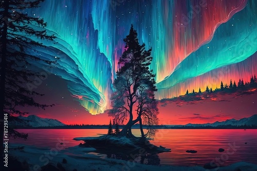 Colorful Aurora Borealis Painting at Night with a River and Surreal Landscape photo