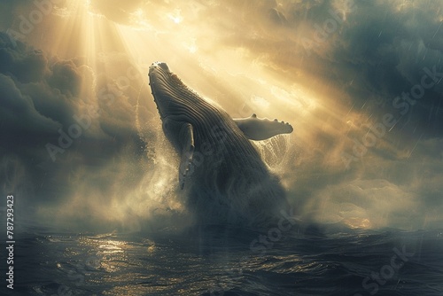 Photorealistic depiction of a whale ascending from the ocean depths, sun rays creating a halo of light around its massive form