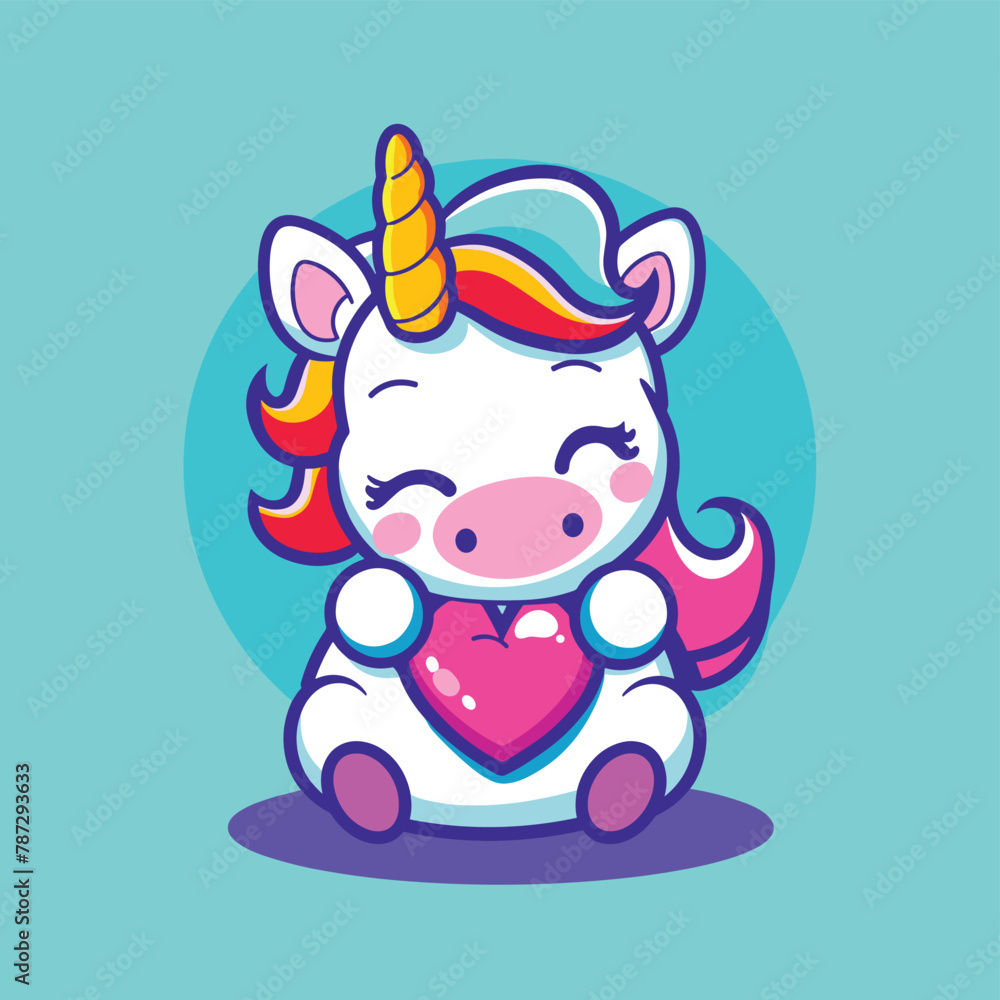 Cute unicorn hugging red heart cartoon illustration vector art