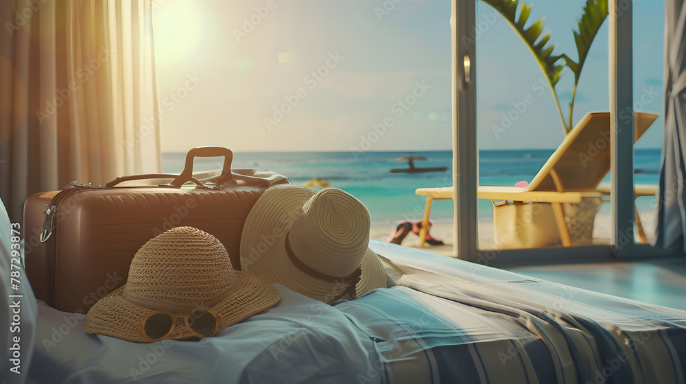 Fototapeta premium Suitcase for summer vacation on home bed or hotel room with clothes for vacation on tropical beach ocean Straw hat and bag and swimsuit sunglasses Concept travel tourism clothing acces : Generative AI