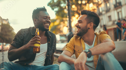Happy man holding beer bottle sitting with boyfriend on sidewalk : Generative AI