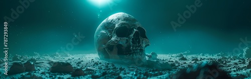 A skull on the ocean floor with a spotlight shining down on it.