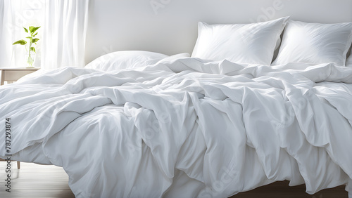 Modern bedroom decoration, with white sheets, white pillows, and white cups placed on top of a double bed