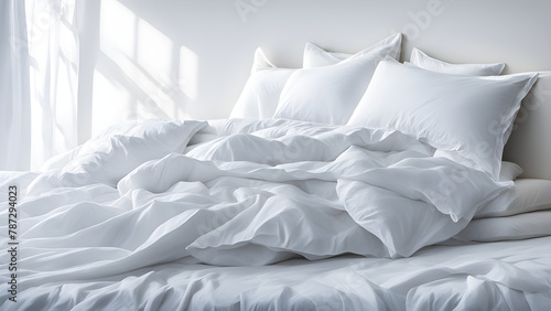 Modern bedroom decoration  with white sheets  white pillows  and white cups placed on top of a double bed