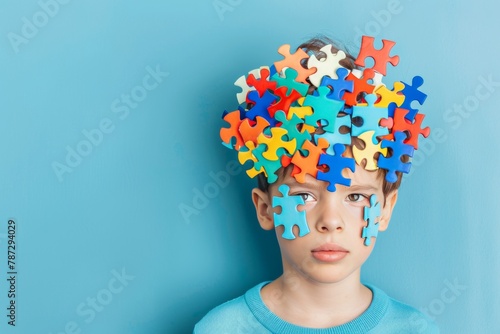 World autism awareness day. kids head surrounded by colorful puzzle pieces on light blue background photo