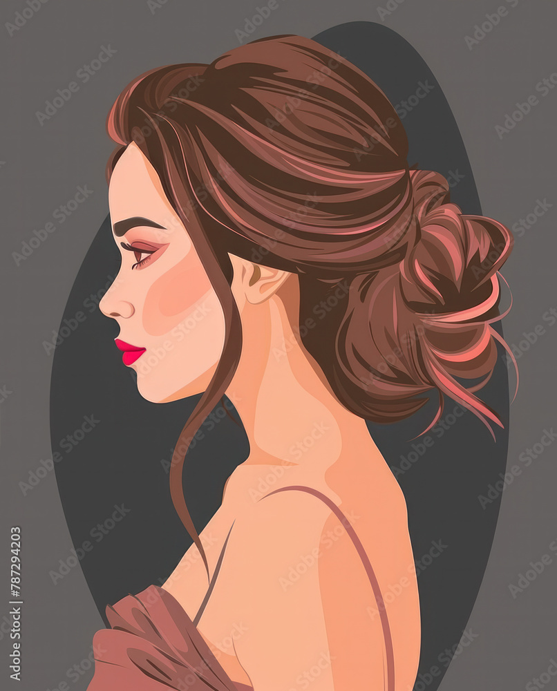 A girl with a beautiful hairstyle and makeup in a dress back view. Not realistic pictures in gray-black dusty pink color. Beauty salon concept A girl with a beautiful hairstyle and makeup in a dress back view. Not realistic pictures in gray-black dusty pink color. Beauty salon concept