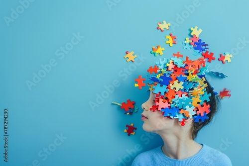 Autism awareness day - a childs head with colorful puzzle pieces on light blue background © Sergej Gerasimov