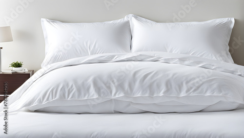 Modern bedroom decoration, with white sheets, white pillows, and white cups placed on top of a double bed