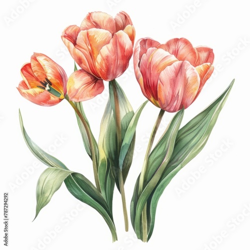 A watercolor painting of three orange tulips with green leaves on a white background. #787294292