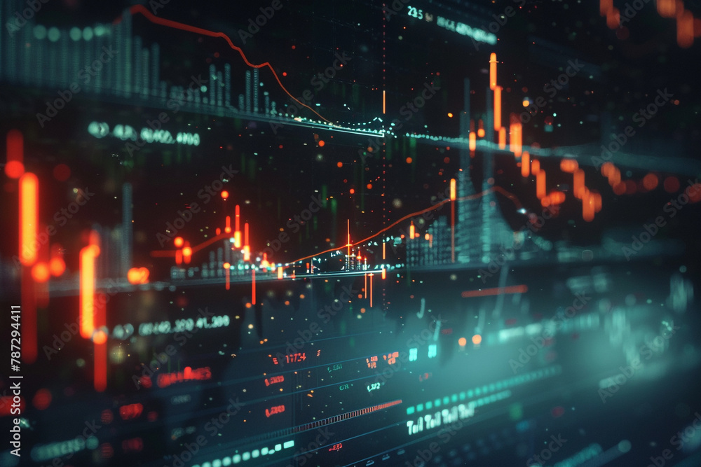 Fototapeta premium Digital display, options chart, stock market index chart glowing on a dark background. 