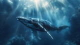 Surreal underwater scene of a humpback whale gliding upwards, sun rays piercing the ocean depths to illuminate its path