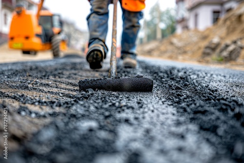 Residential area road construction with new asphalt pavement and infrastructure improvement