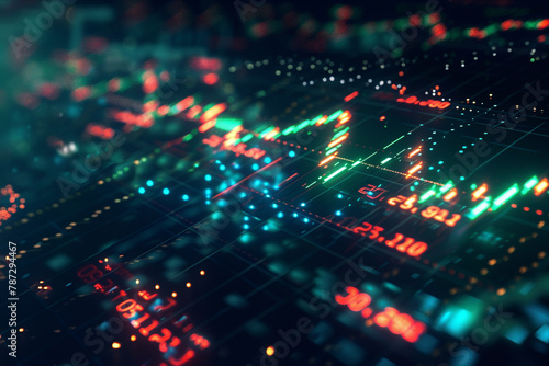 Digital display, options chart, stock market index chart glowing on a dark background. 