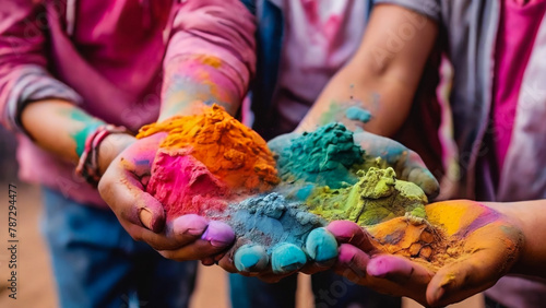 Hands / Palms of young people covered in purple, yellow, red, blue Holi festival colors isolated