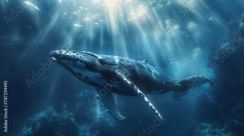Surreal underwater scene of a humpback whale gliding upwards, sun rays piercing the ocean depths to illuminate its path