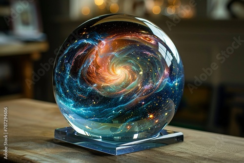 The entire Universe, galaxies and nebulae swirling in vibrant colors, encapsulated in a clear, delicate glass ball