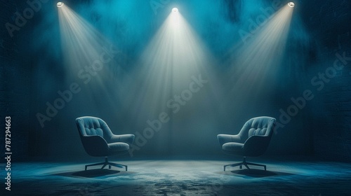 Two designer chairs under theatrical spotlights in a mysterious, dark podcast room, perfect for deep conversations, wide format photo