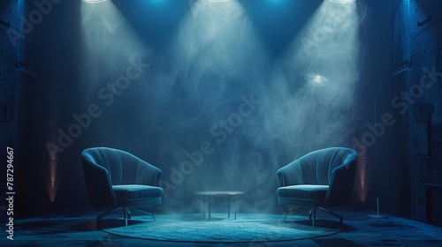Two designer chairs under theatrical spotlights in a mysterious, dark podcast room, perfect for deep conversations, wide format photo