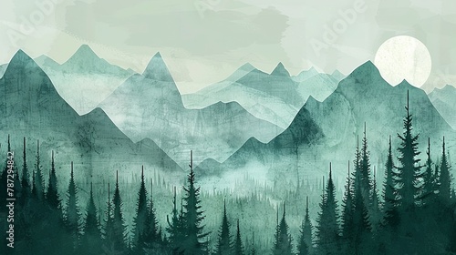 Whimsical forest and mountain landscape in shades of sage green and turquoise with abstract geometric patterns